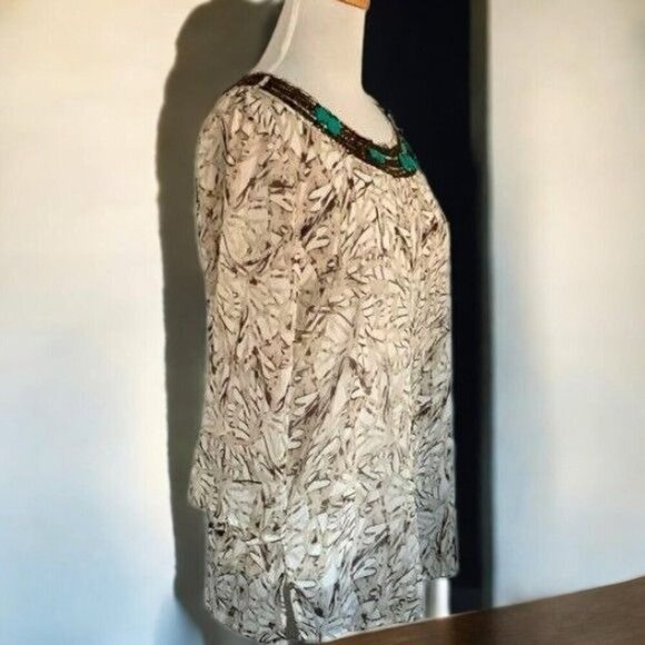 Chicos Womens Round Beaded Neck Quarter Sleeve Tan Geometric Sheer Blouse Medium - Picture 7 of 10